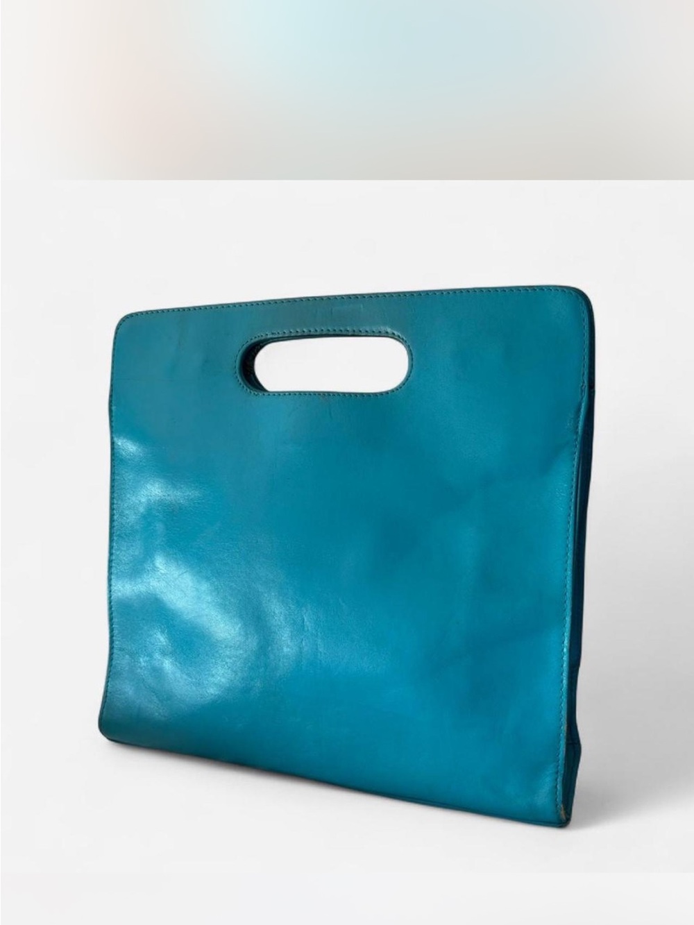 Teal Structured Leather Tote Bag with Cutout Handle